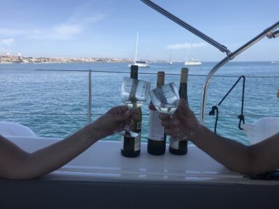 Cascais Private Cruise- couple making a toast during the sail and wine tour